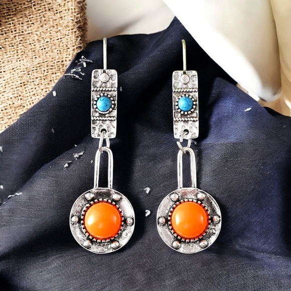 🆕️ Vintage Style Boho Drop Trendy Spring Earrings Orange Turquoise Accents - Picture 15 of 15